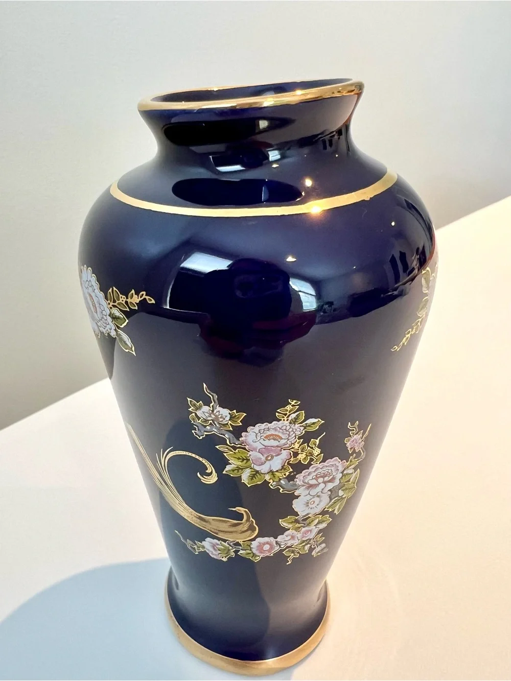 Vintage Japanese Cobalt Blue Porcelain Vase 6” Gold Pheasant Bird Floral